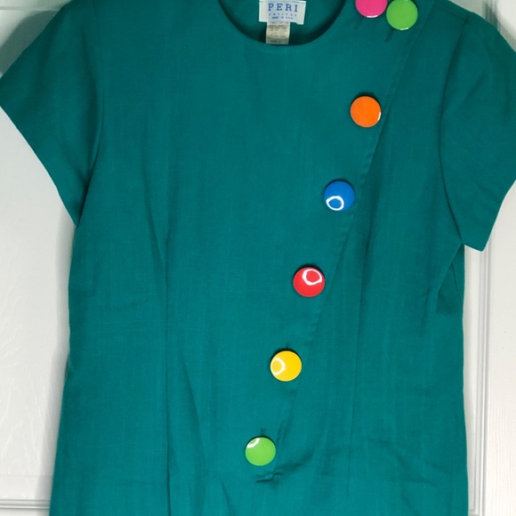 **SOLD*** Vtg 80s~Peri Petites~Green Multi Color Large Buttons Shift Dress~14/L - Picture 2 of 11